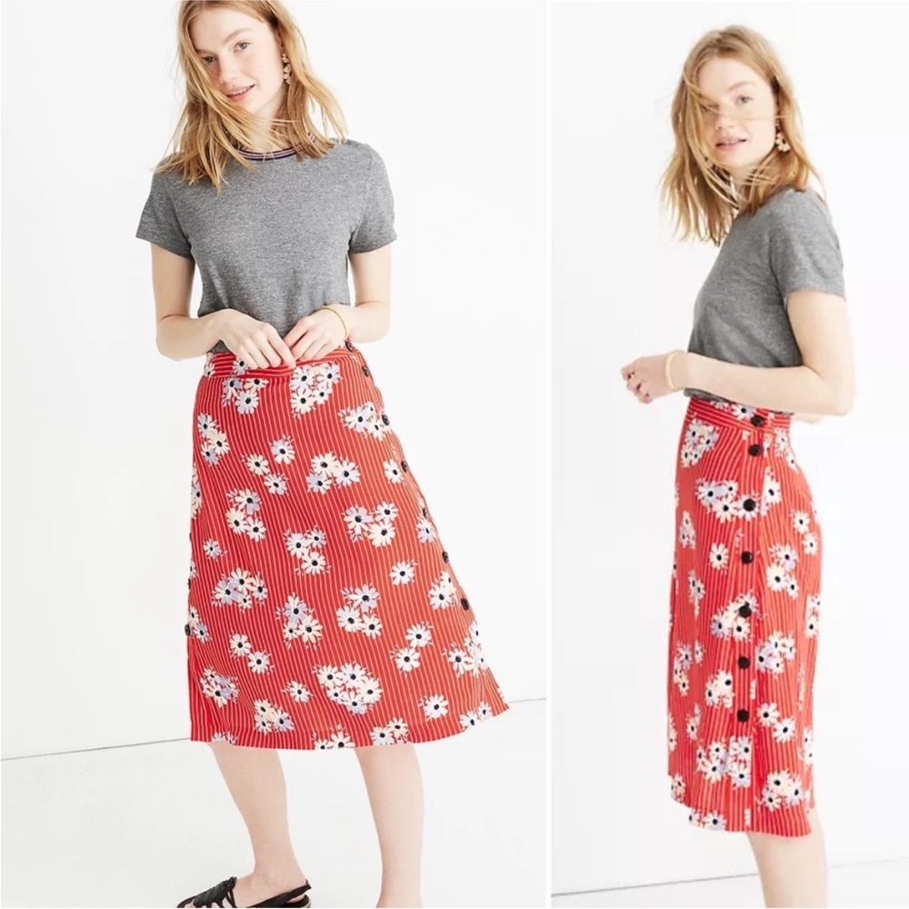 MADEWELL Daisy Society Red Floral Midi Skirt Side Button Detail Stripes Flower 0